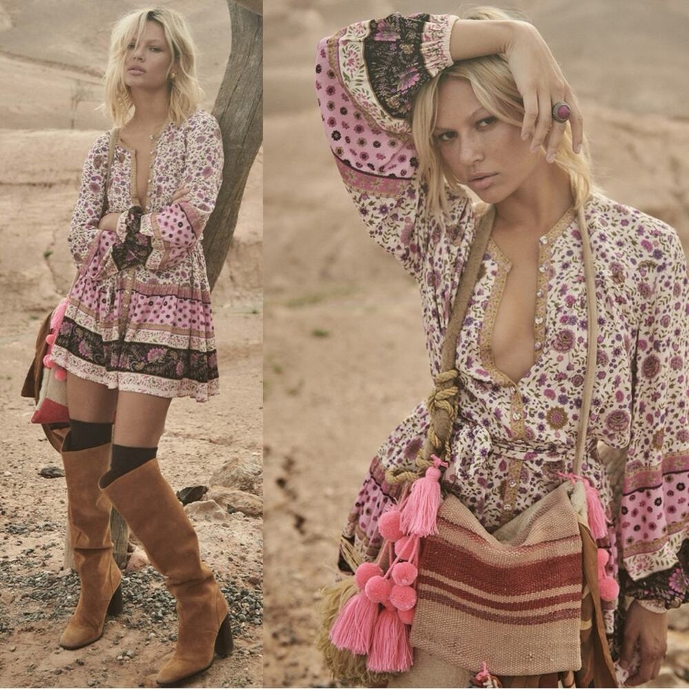 Spell Pink Floral Long Sleeve Boho Mini Dress